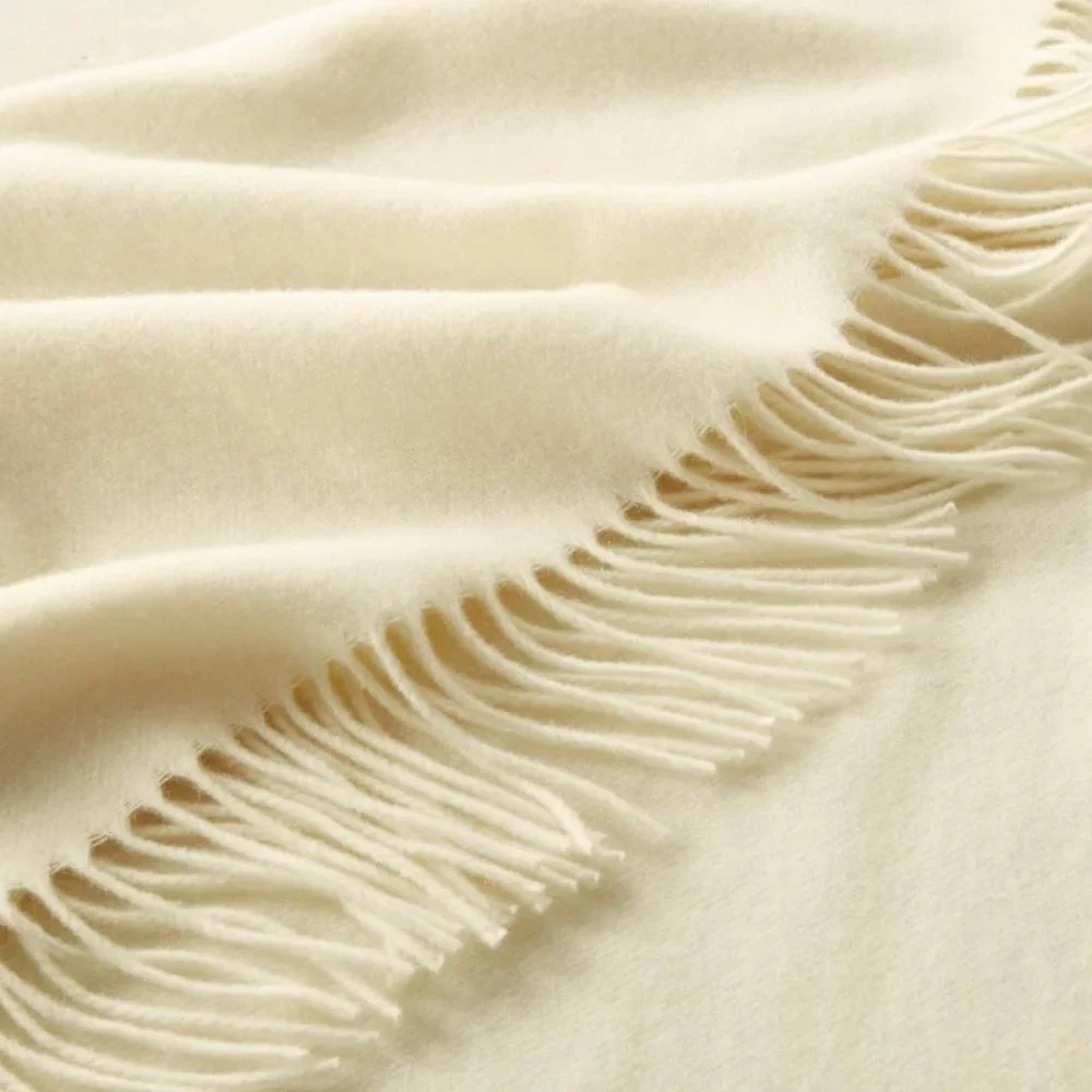 Williams Sonoma winter white cream cashmere fringed throw scarf shawl 50 x 65